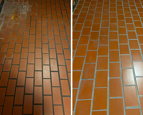 Quarry Tile Floor Before and After a Grout Cleaning in Belle Vernon