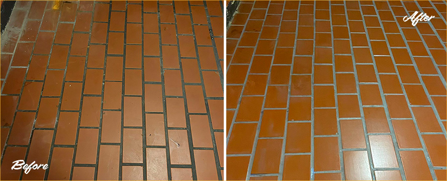 Quarry Tile Floor Before and After a Grout Cleaning in Belle Vernon