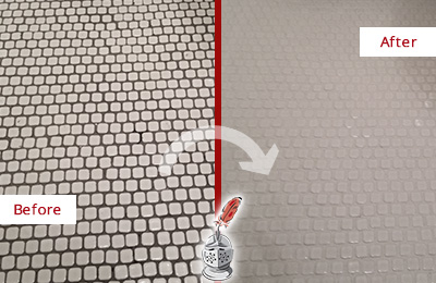 Before and After Picture of Restoration of a Restroom Floor with Dirty Grout