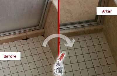 Before and After Picture of a Grout Recaulking on the Floor Joints