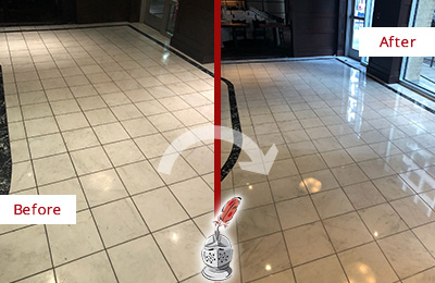 Sir Grout Pittsburgh Stone Services Help Maintain, Clean, and Polish Building Lobbies and Commercial Offices Stone Surfaces Picture of a Building Marble Entrance Floor Before and After Stone Restoration, Cleaning and Polishing