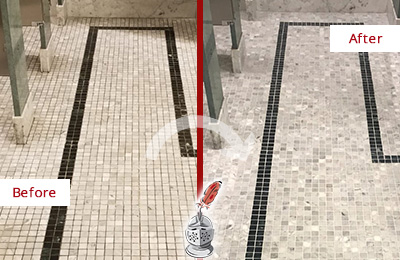 Sir Grout Pittsburgh Stone Cleaning Services Can Help Repair the Look of this Grimy Hospital's Restroom Before and After Picture of a Hospital Travertine Bathroom Floor Stone Cleaning Service