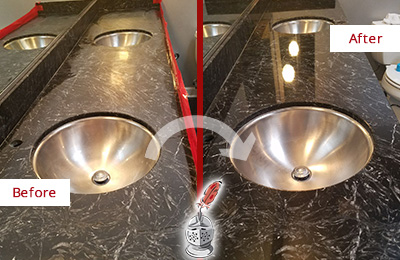 Sir Grout Pittsburgh Stone Services Are Ideal for Enhancing Restrooms Marble Countertops and Keep Them Perfect All Year Round Picture of an Office Restroom's Marble Countertop Before and After Color Enhancement and Restoration