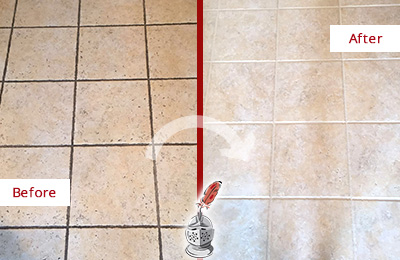 Before and After Picture of Tile Floor with Dirty Groutlines