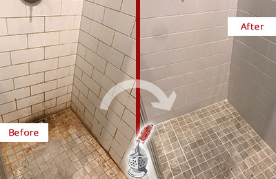 Before and After Picture of a Observatory Shower Tile and Grout Cleaned to Eliminate Mold and Stains