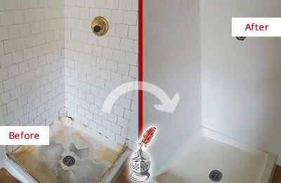 Sir Grout Cleans this Glenwillard Shower Tile and Grout to Remove Soap Scum Before and After Picture of a Glenwillard Shower Tile and Grout Cleaned to Remove Soap Scum