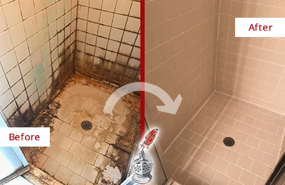 Before and After Picture of a Greentree Shower Tile and Grout Cleaned to Repair Water Damage