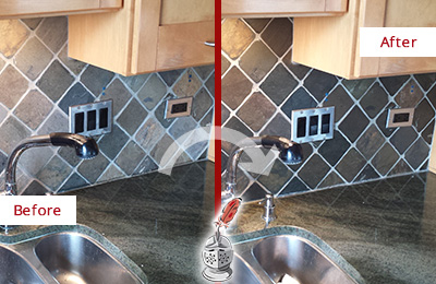 Sir Grout Caulks this Creighton Backsplash Caulked to Fix and Prevent Water Leaks Before and After Picture of a Creighton Backsplash Caulked to Fix and Prevent Water Leaks