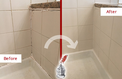 Sir Grout Caulks this Creighton Shower Caulked to Repair Damaged Caulking Before and After Picture of a Creighton Shower Caulked to Repair Damaged Caulking