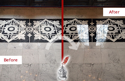 Sir Grout Polishes this Allegheny Marble Stone Floor to a Mirror Shine Before and After Picture of a Allegheny Marble Stone Floor Polished to a Mirror Shine