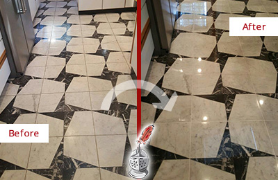 Sir Grout Polishes this Dull Allegheny Marble Stone Floor To Recover Its Luster Before and After Picture of a Dull Allegheny Marble Stone Floor Polished To Recover Its Luster