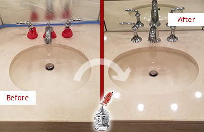 Sir Grout Polishes this Dull Allegheny Marble Stone Vanity Top to Bring-Back Its Sheen Before and After Picture of a Dull Allegheny Marble Stone Vanity Top Polished to Bring-Back Its Sheen