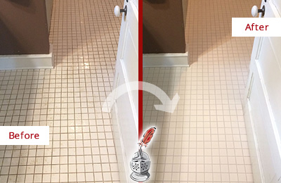 Before and After Picture of a Crescent Bathroom Floor Sealed to Protect Against Liquids and Foot Traffic