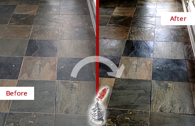 Sir Grout Seals this Dull Coraopolis Slate Floor to Bring Back Its Colors Before and After Picture of a Dull Coraopolis Slate Floor Sealed to Bring Back Its Colors