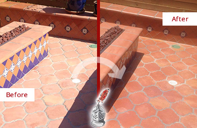 Sir Grout Seals this Dull Coraopolis Terracotta Patio Floor For UV Protection Before and After Picture of a Dull Coraopolis Terracotta Patio Floor Sealed For UV Protection