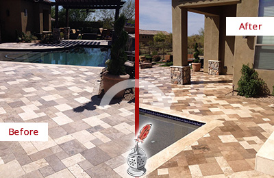 Sir Grout Seals this Faded Coraopolis Travertine Pool Deck For Extra Protection Before and After Picture of a Faded Coraopolis Travertine Pool Deck Sealed For Extra Protection