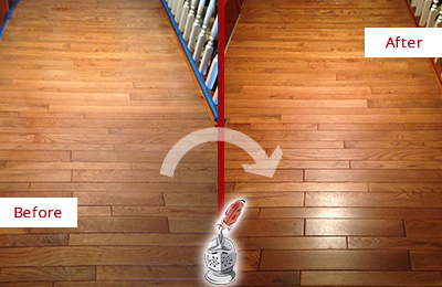 Before and After Picture of a Presto Wood Deep Cleaning Service on a Dull Hallway
