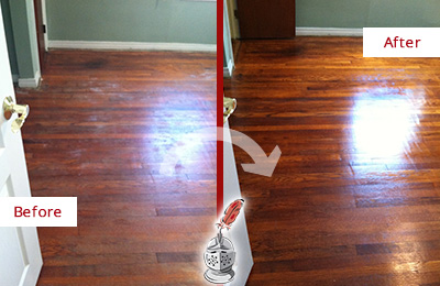 Before and After Picture of a Plum Wood Deep Cleaning Service on a Dull Floor to Remove Stains