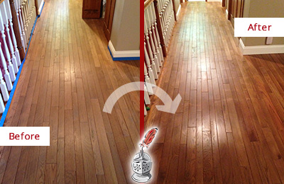 Before and After Picture of a Carnegie Wood Deep Cleaning Service on a Worn Out Floor