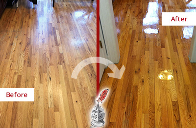 Before and After Picture of a Presto Wood Deep Cleaning Service on a Worn Out Hallway