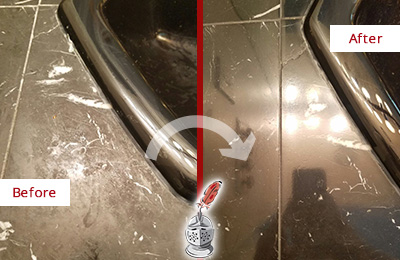 Before and After Picture of a Plum Marble Countertop Cleaned to Remove Deep Dirt