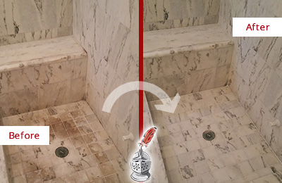 Sir Grout Cleans this Dirty Neville Island Marble Shower to Eliminate Dark Stains Before and After Picture of a Dirty Neville Island Marble Shower Cleaned to Eliminate Dark Stains