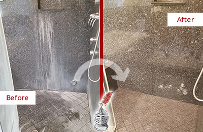 Sir Grout Cleans this Neville Island Granite Shower to Remove Mineral Deposits Before and After Picture of a Neville Island Granite Shower Cleaned to Remove Mineral Deposits