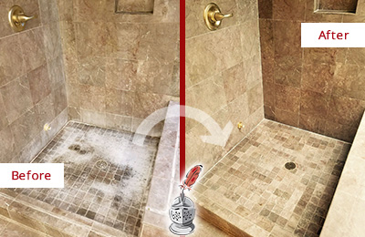 Sir Grout Cleans this Neville Island Travertine Shower to Eliminate Water Spots Before and After Picture of a Neville Island Travertine Shower Cleaned to Eliminate Water Spots