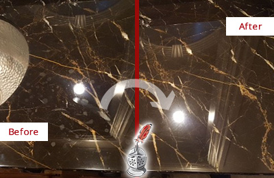 Sir Grout Cleans this Neville Island Marble Countertop to Remove Water Spots Before and After Picture of a Neville Island Marble Countertop Cleaned to Remove Water Spots