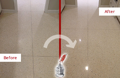 Sir Grout Hones this Dull Gibsonia Granite Floor to Recover Its Sheen Before and After Picture of a Dull Gibsonia Granite Floor Honed to Recover Its Sheen