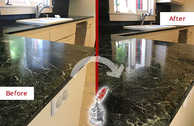 Sir Grout Hones this Gibsonia Marble Kitchen Countertop to Remove Water Marks Before and After Picture of a Gibsonia Marble Kitchen Countertop Honed to Remove Water Marks