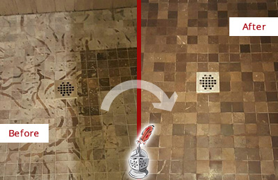 Sir Grout Hones this Gibsonia Marble Shower to Remove Etching Before and After Picture of a Gibsonia Marble Shower Honed to Remove Etching