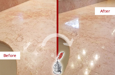 Sir Grout Hones this Gibsonia Marble Vanity Top to Eliminate Water Spots Before and After Picture of a Gibsonia Marble Vanity Top Honed to Eliminate Water Spots