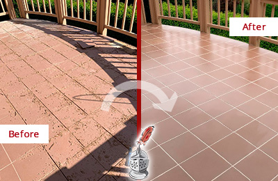 Before and After Picture of a Montour Hard Surface Restoration Service on a Tiled Deck