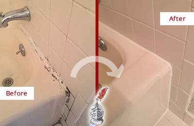 Before and After Picture of a Plum Hard Surface Restoration Service on a Tile Shower to Repair Damaged Caulking