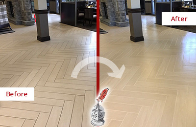 Sir Grout Restored This Ben Avon Office Lobby Tile Floor to Remove Embedded Dirt Before and After Picture of a Ben Avon Hard Surface Restoration Service on an Office Lobby Tile Floor to Remove Embedded Dirt