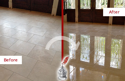 Sir Grout Restored This Ben Avon Dull Travertine Floor to Recover Its Splendor with a Stone Polishing Service Before and After Picture of a Ben Avon Hard Surface Restoration Service on a Dull Travertine Floor Polished to Recover Its Splendor