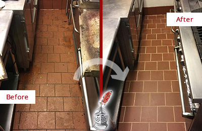 Before and After Picture of a Bakerstown Hard Surface Restoration Service on a Restaurant Kitchen Floor to Eliminate Soil and Grease Build-Up