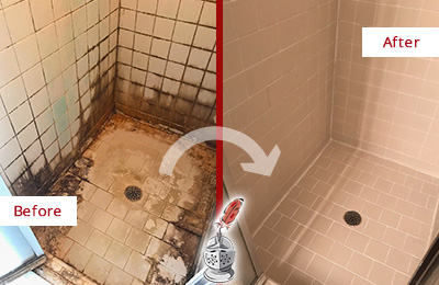 Sir Grout Restored This Ben Avon Tile Bathroom to Repair Water Damage Before and After Picture of a Ben Avon Hard Surface Restoration Service on a Tile Bathroom to Repair Water Damage
