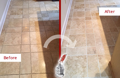 Sir Grout Cleans this Neville Island Kitchen Floor's Grout to Recover Its Color Before and After Picture of Neville Island Kitchen Floor Grout Cleaned to Recover Its Color