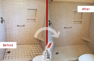 Before and After Picture of a Wexford Shower Grout Cleaned to Remove Mold