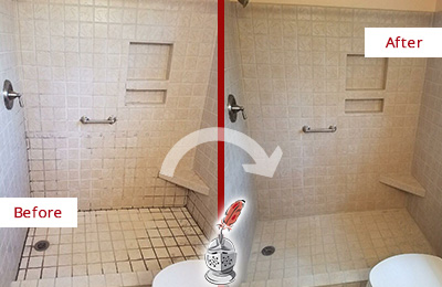 Sir Grout Cleans the Grout on this Neville Island Moldy Shower Before and After Picture of a Neville Island Shower Grout Cleaned to Remove Mold