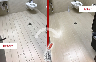 Before and After Picture of a Arsenal Office Restroom's Grout Cleaned to Remove Dirt