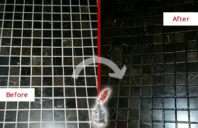 Sir Grout Recolored the Grout of this Blawnox Black Tile Floor Before and After Picture of a Blawnox Black Floor with Recolored Grout