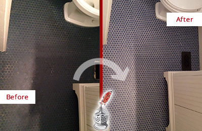 Before and After Picture of a Observatory Blue Tile Floor Recolored Grout