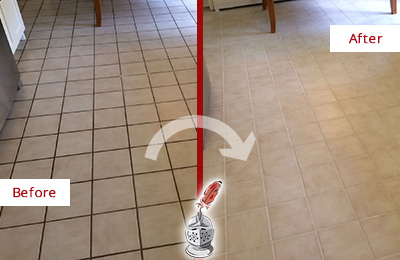 Sir Grout Recolors this Blawnox Kitchen Tile Floor's Grout Before and After Picture of a Blawnox Kitchen Tile Floor with Recolored Grout