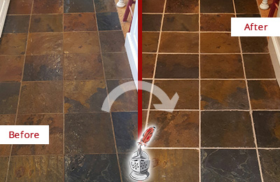 Sir Grout Recolors the Grout of this Blawnox Slate Floor Before and After Picture of a Blawnox Slate Floor Recolored Grout