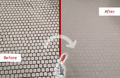 Sir Grout Recolors the Grout of this Blawnox White Mosaic Tile Before and After Picture of a Blawnox White Mosaic Tile Recolored Grout