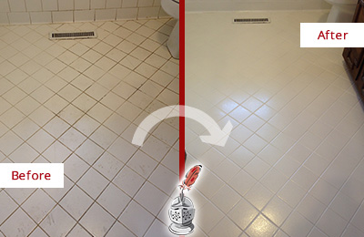 Before and After Picture of a Observatory White Bathroom Floor Grout Sealed for Extra Protection