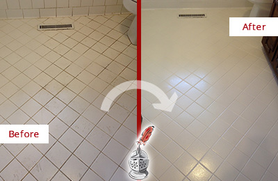 Sir Grout Seals the Grout of this Rural Ridge White Bathroom Floor for Extra Protection Before and After Picture of a Rural Ridge White Bathroom Floor Grout Sealed for Extra Protection